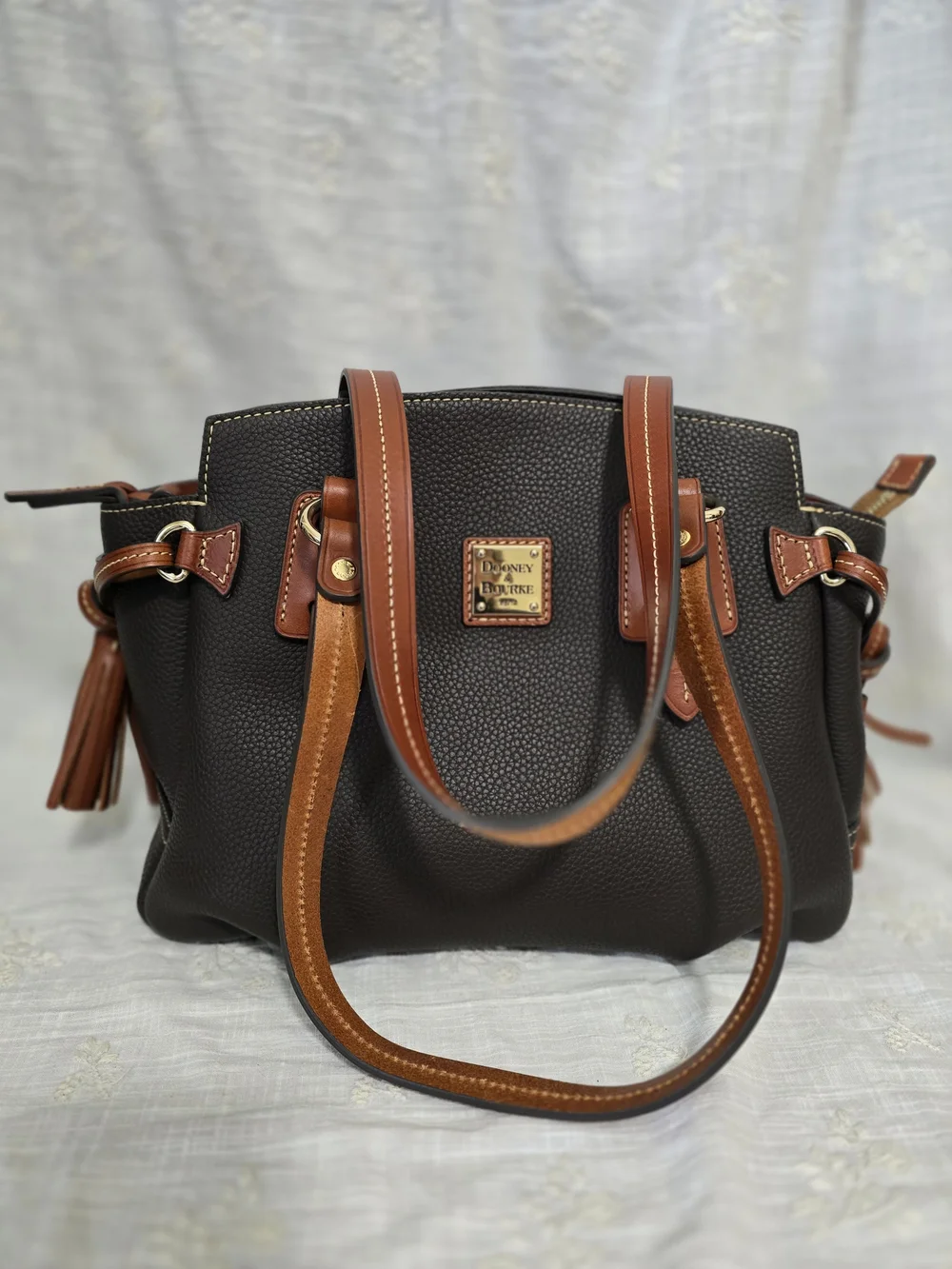 Dooney & Bourke Brown Pebbled Leather Satchel with Tan Trim